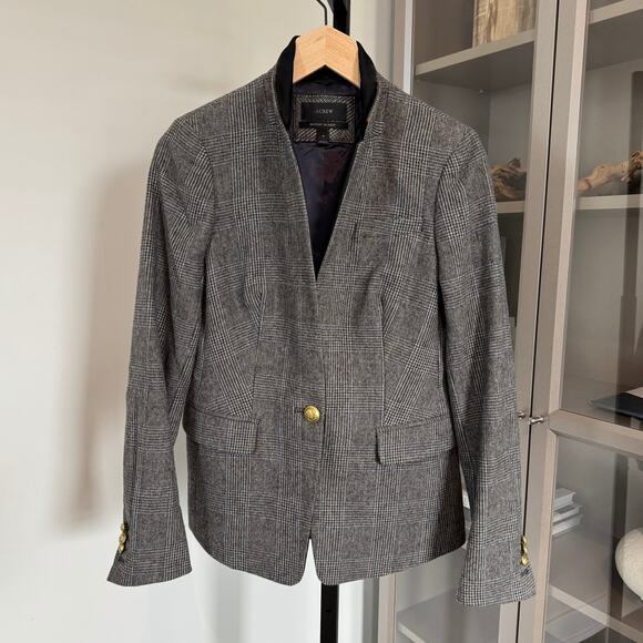 J. Crew Regent One Button Blazer Gray Plaid Wool Black Satin Trim Size 4 - Picture 1 of 6